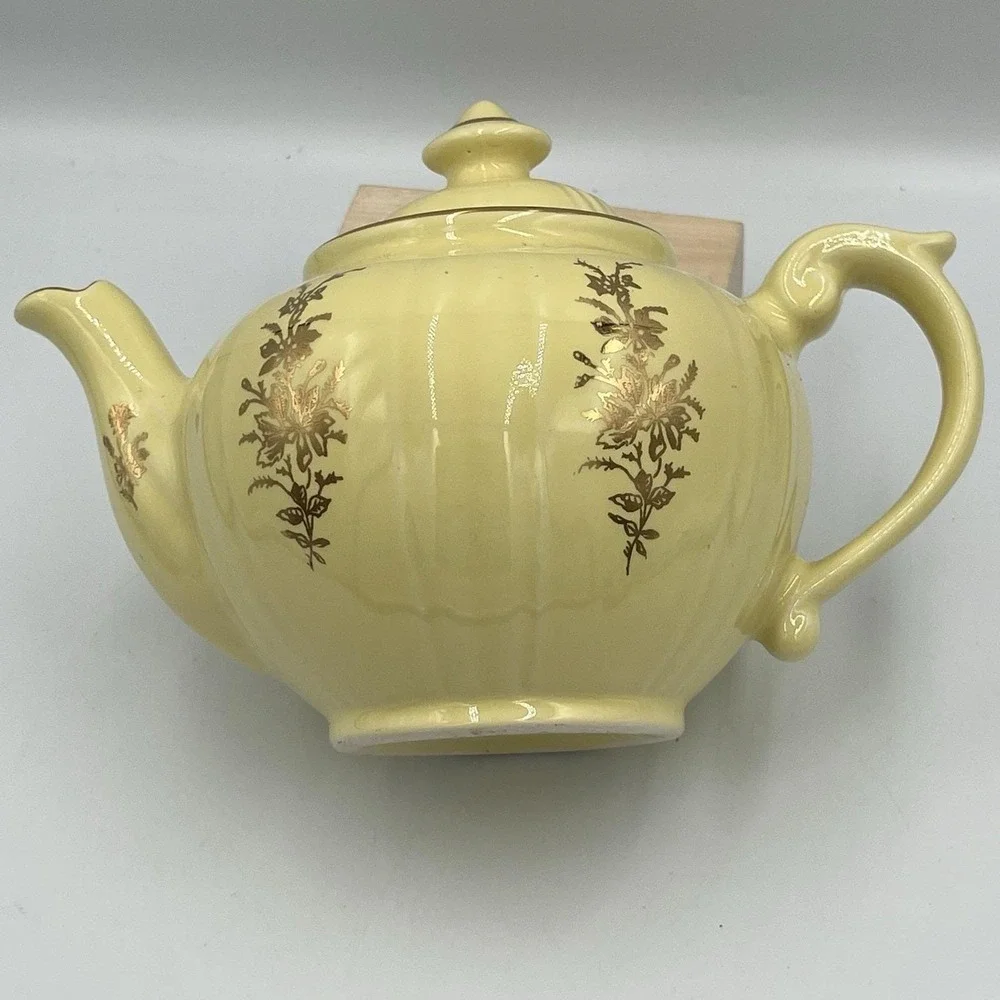 Vintage Pearl China Teapot Yellow with Lid 22K Trim And Flowers 5.5